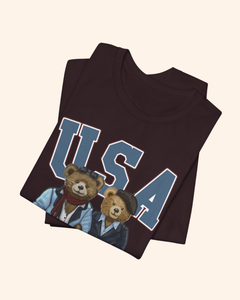 Two teddy bears beneath USA lettering on a patriotic graphic T-shirt, product image 9