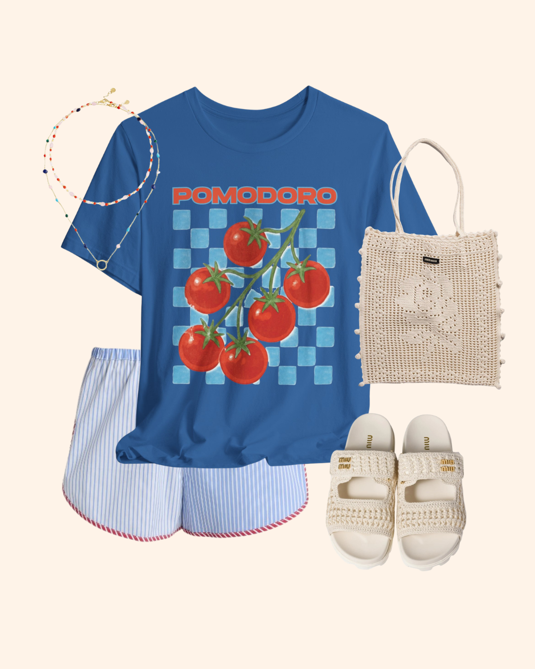 Pomodoro tomato and blue checkerboard graphic T-shirt, product image 1