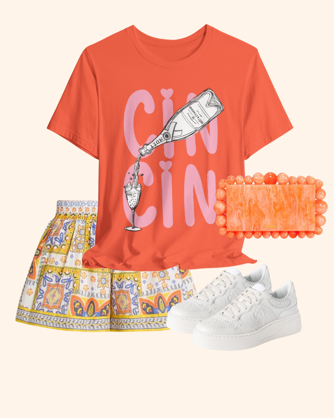 Cin Cin champagne bottle and flute graphic T-shirt, product image 1