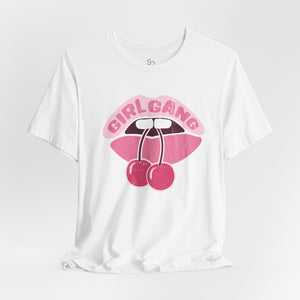 White t-shirt with pink 'Girl Gang' graphic on a white background