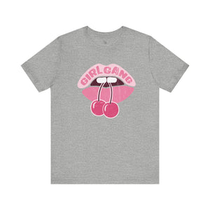 Gray t-shirt with pink graphic design featuring 'GIRL GANG' text and cherries on a white background