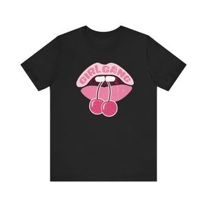 Black t-shirt with pink graphic design featuring lips and 'GIRL GANG' text on a white background