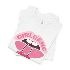 White tank top with pink graphic design and 'Girl Gang' text on a white background