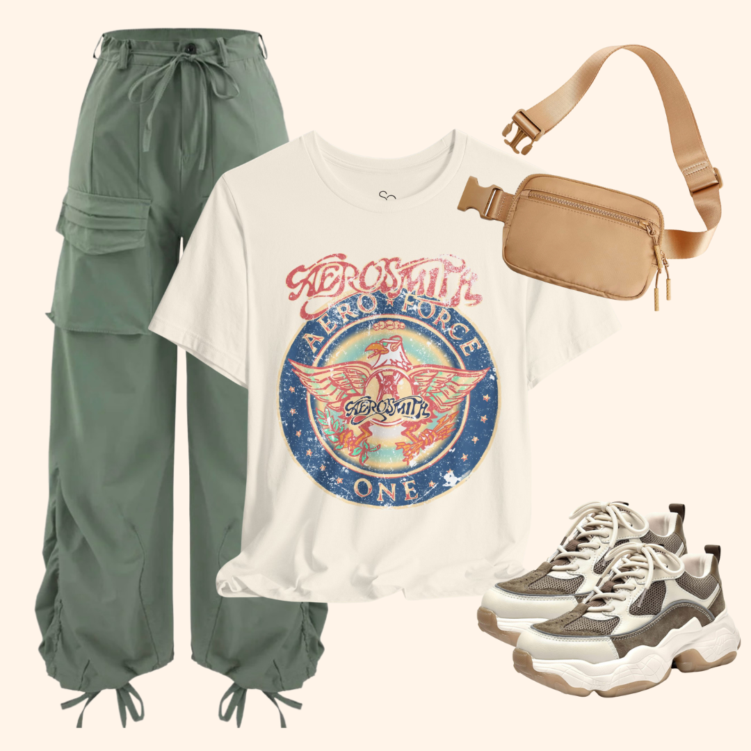 Outfit with green pants, Aero force one t-shirt, beige waist bag, and sneakers on a white background