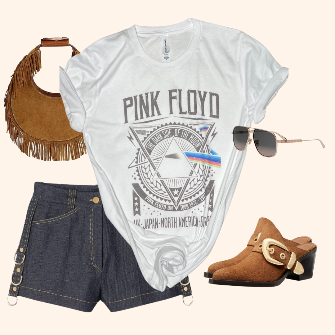 Rock Band Tee styled with denim shorts, fringe suede handbag, brown mule heels, and sunglasses in a flat lay outfit.