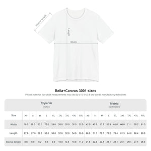 Bella Canvas 3001 unisex t-shirt size chart showing width, length, and sleeve measurements.