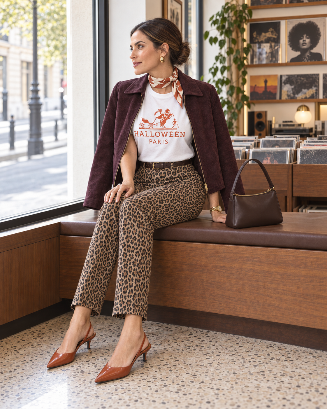 White Midnight in Paris Halloween tee styled with leopard trousers, burgundy jacket and orange heels in a record shop