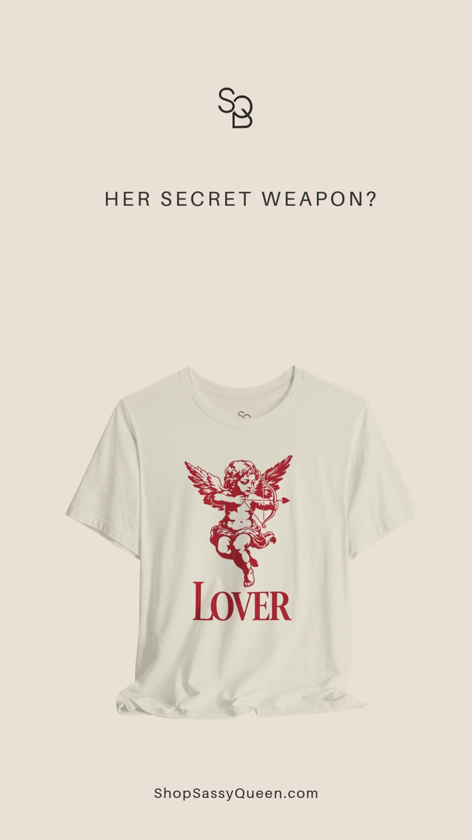Product video showcasing natural colored Lover graphic t-shirt with red cherub cupid design styled with western accessories and casual outfit pieces