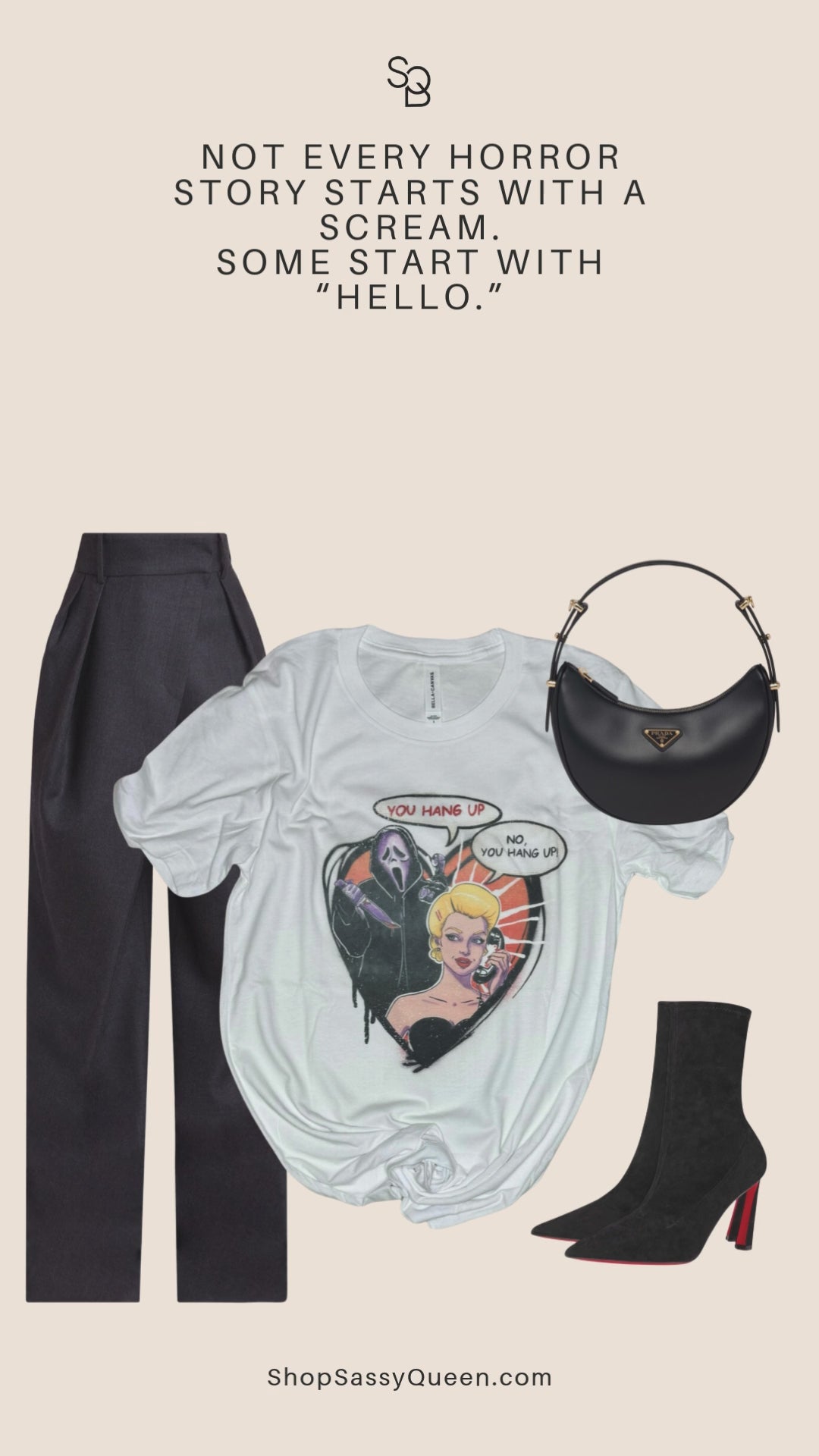 Short video showcasing the Hang Up Tee in a styled flat lay format with Halloween horror parody theme. Features comic-style artwork and outfit inspiration for spooky season fashion. Ideal for showcasing vibe and print detail.
