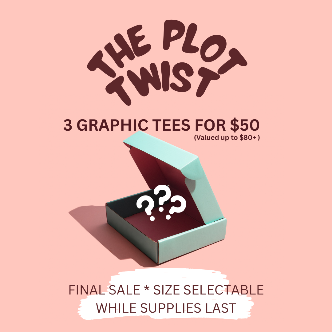 Promotional image for the Plot Twist Pack showing a mint box with question marks and text that reads “3 Graphic Tees for $50 – Valued up to $80+” on a pink background.