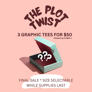 Promotional image for the Plot Twist Pack showing a mint box with question marks and text that reads “3 Graphic Tees for $50 – Valued up to $80+” on a pink background.