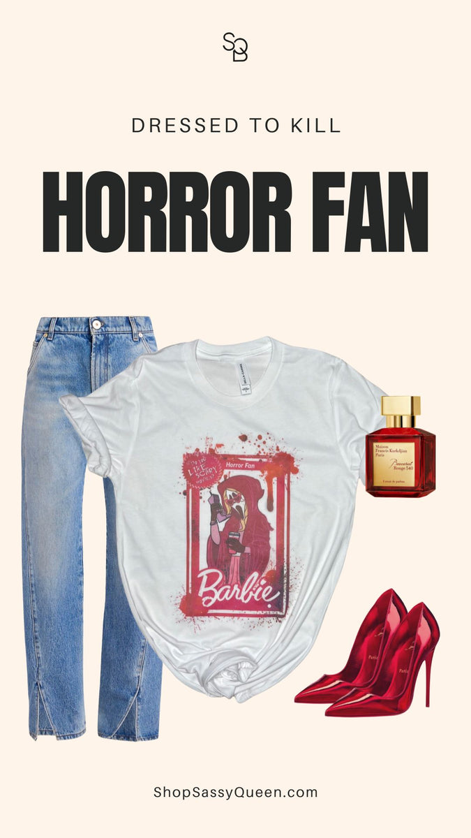 Product poster featuring horror fan tee styled with heels and denim, poster text reads dressed to kill.