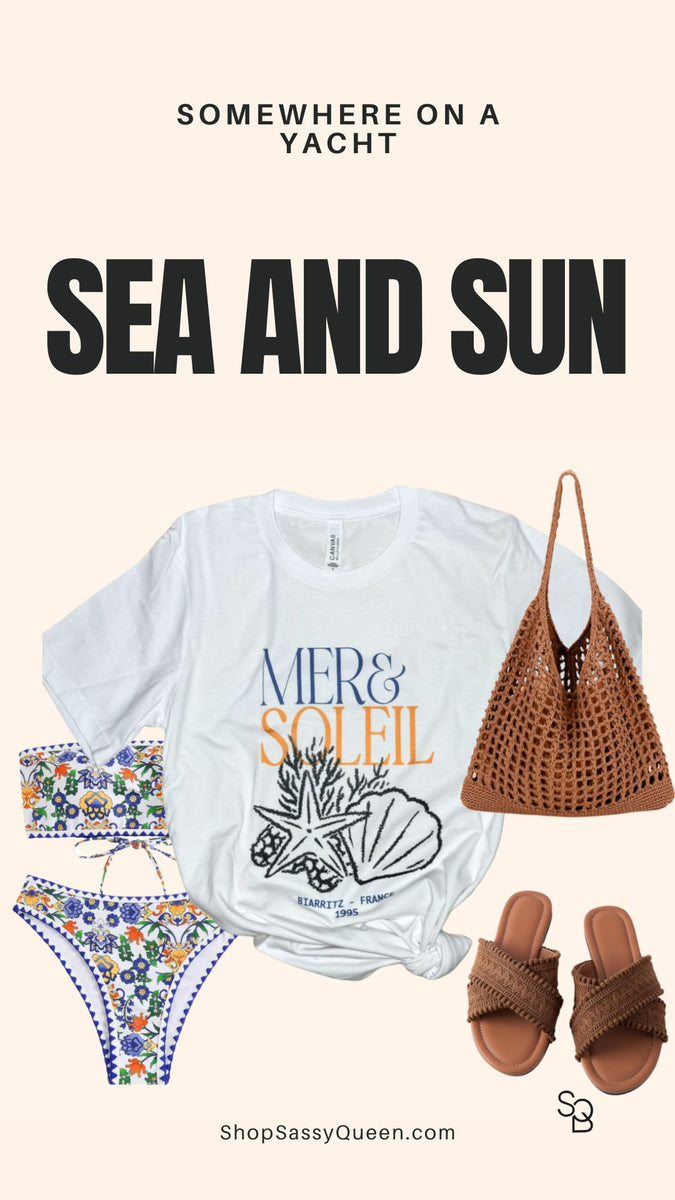 Promotional graphic for the Sea and Sun Tee with styled outfit flat lay and text reading “Somewhere on a Yacht – Sea and Sun.”