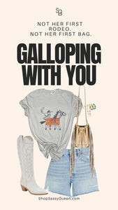 Video showing Galloping With You Western graphic tee with bold phrase overlay and cowboy horse design.

