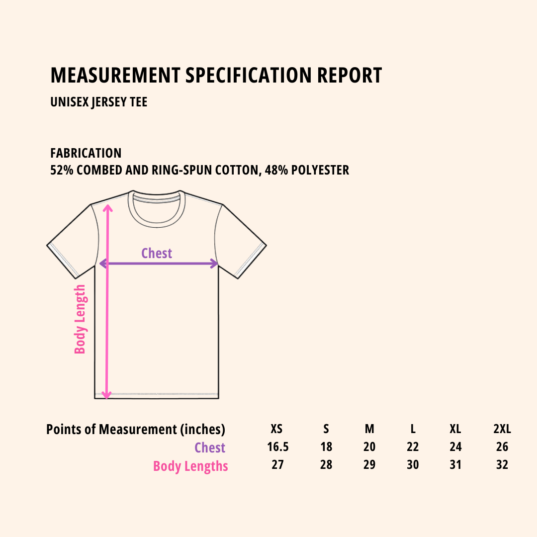Unisex size chart showing width and length in inches from small to 2XL for horror fan graphic tee.