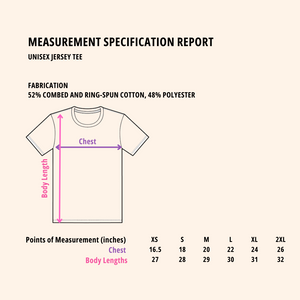 Unisex size chart showing width and length in inches from small to 2XL for horror fan graphic tee.