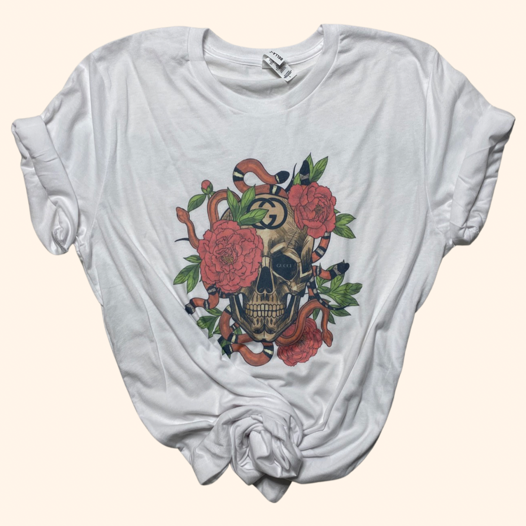 Floral Skull Graphic Tee Shirt ( Vintage Feel )